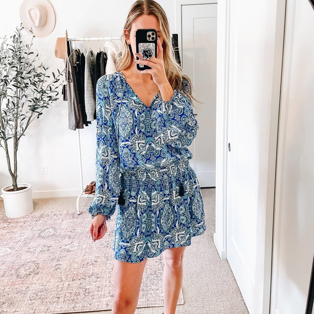 PARKER Blue Silk Paisley Boho‎ Printed Peasant Dress